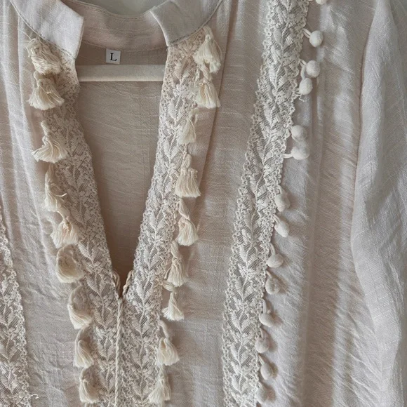 Cream Long Sleeve Maxi Dress Bohemian Vacation Resort wear lace tassel fringe - Picture 4 of 7